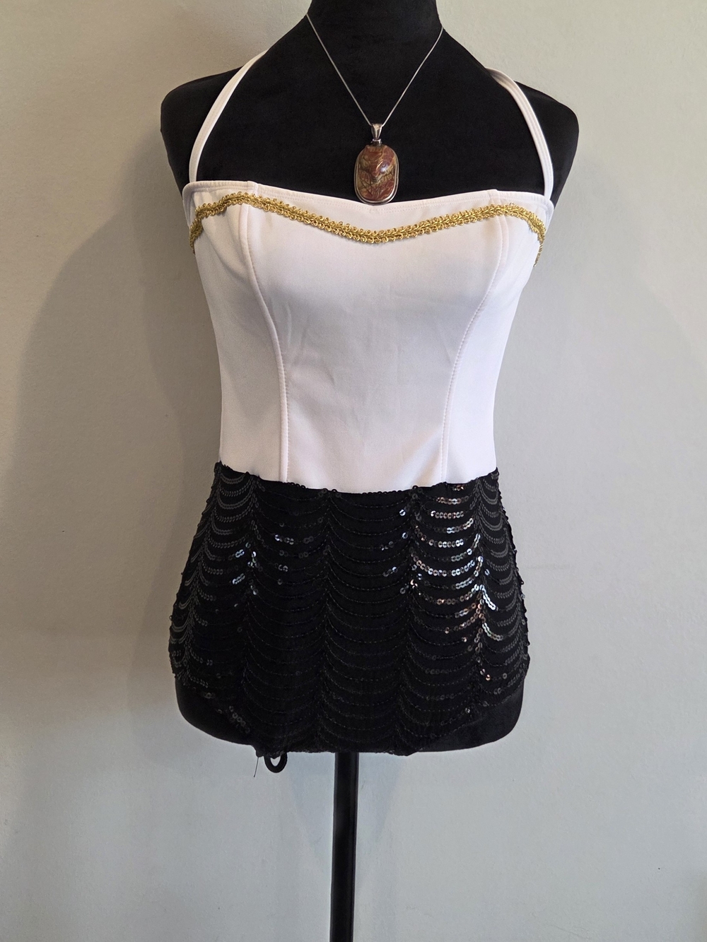 Roma White Halter Bustier Bodysuit with Black Sequin Skirt and Gold Trim